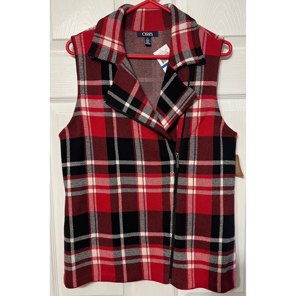 Chaps Womens Plaid Vest‎ Sleeveless Top Collared Full Zip Red Black White L/G